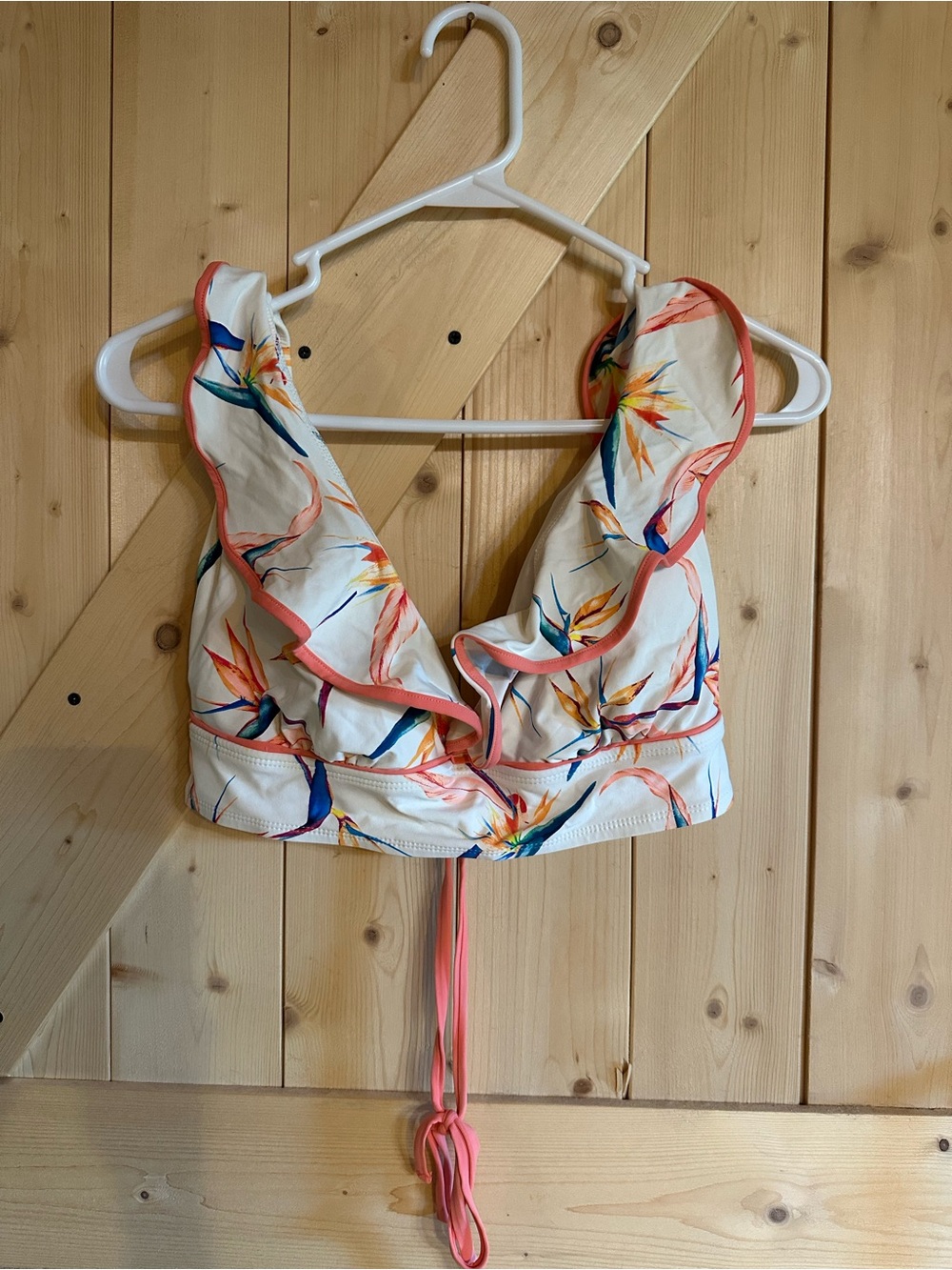 Time and Tru White Bikini Top with Ruffle and Multicolor Trim